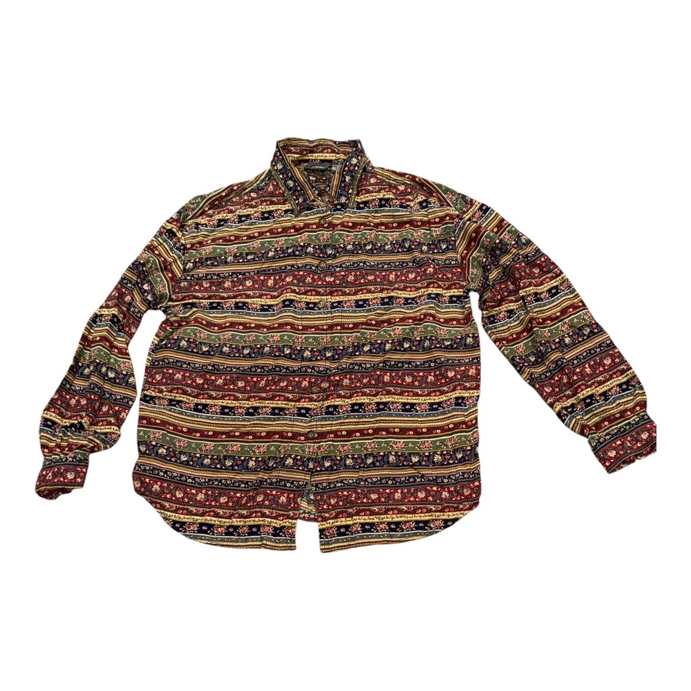 Lizwear Womens Medium Floral Stripe Button Down Shirt Long Sleeve Rayon Vintage